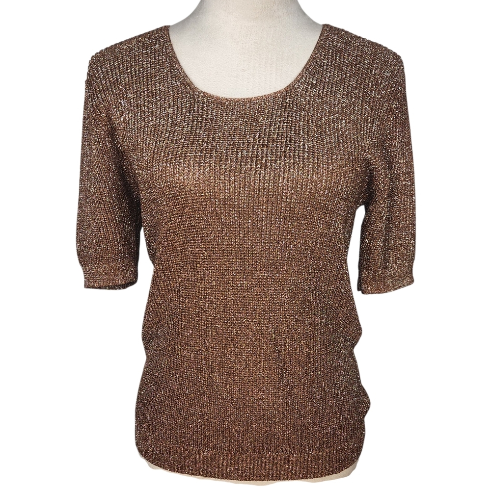 SUZELLE Gold Metallic Knit Sweater Top Blouse Scoop Neck Sz S VTG Designer Shiny
